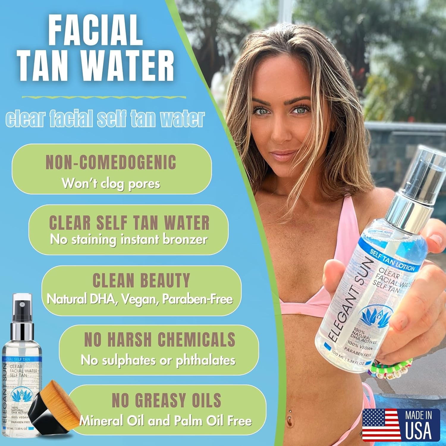 Face Tanner Spray & Kabuki Brush, Facial Tan Mist, Noncomedogenic Self Tanning Face Tan Mist Water | Vegan Paraben-Free | Skin Friendly Clean Self Tan Face, Face Tanning Mist (3.38 Oz)