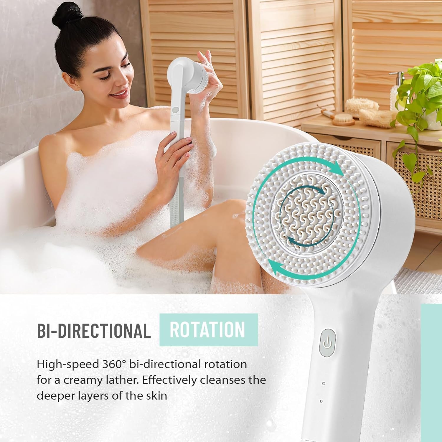 Electric Body Brush, Rechargeable Electric Body Scrubber 17In Bath Brush Long Handle for Shower, Soft Silicone Spin Skin Brush with 3 Brush Heads, IPX7 Waterproof Back Brush for Man and Women