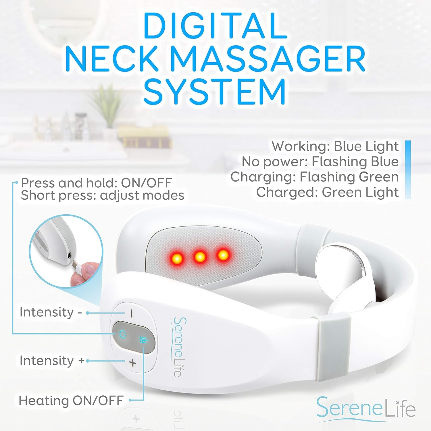 Smart Neck Massager with Heat - Cordless Rechargeable Trigger Point Deep Tissue Portable Neck Massager W/ Heat Vibration, for Men & Women -  SLNKMSG120, White