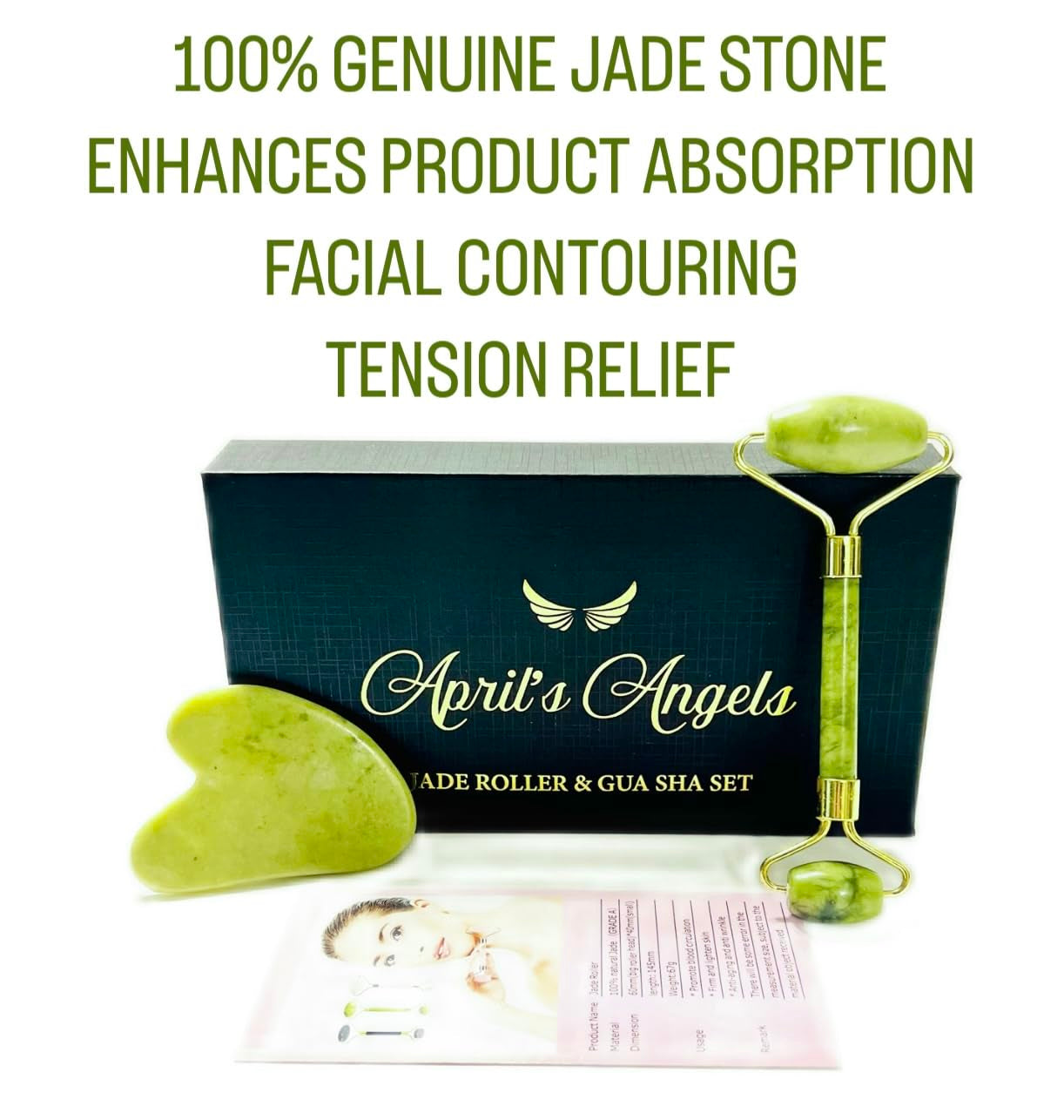 Genuine Jade Stone Roller & Gua Sha Set. Facial Massage Set for Face, Eyes & Neck | Supports Lymphatic System + Facial Contouring + Tension Relief.