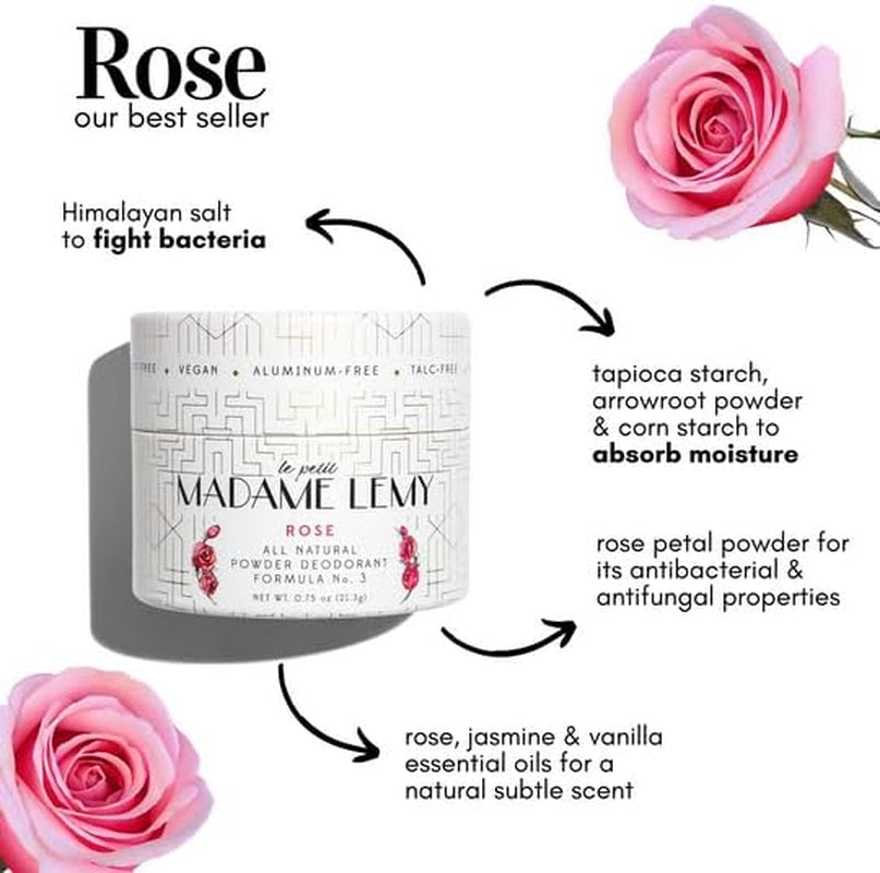 Baking Soda Free - Multi-Purpose Deodorant Body Powder & Dry Shampoo - All-Natural, Aluminium-Free, Vegan & Plastic-Free - Luxurious Puff & Container - Anti-Chafing Formula | Rose, 0.75 Oz