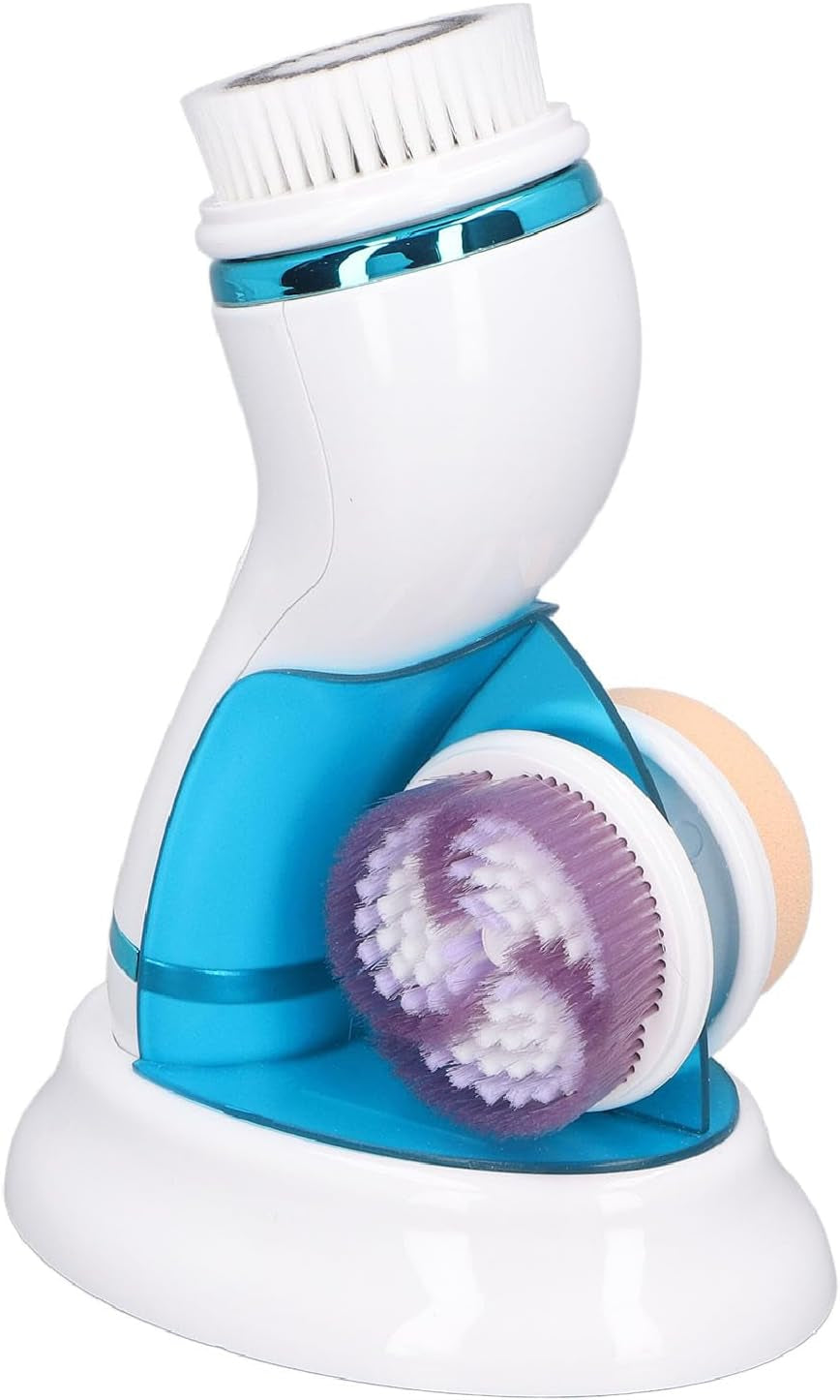 Electric Facial Scrubber Brush, 4 in 1 Facial Cleansing Brush 2-Speed Vibration Massage with 3 Interchangeable Heads for Travel Use (Blue)