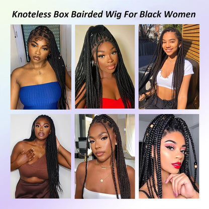 Runm 36" Full Double Lace Front Box Braided Wigs for Black Women Braids Lace Frontal Wig Synthetic Black Hand Braided Wigs with Baby Hair for Women(Ombre Brown)