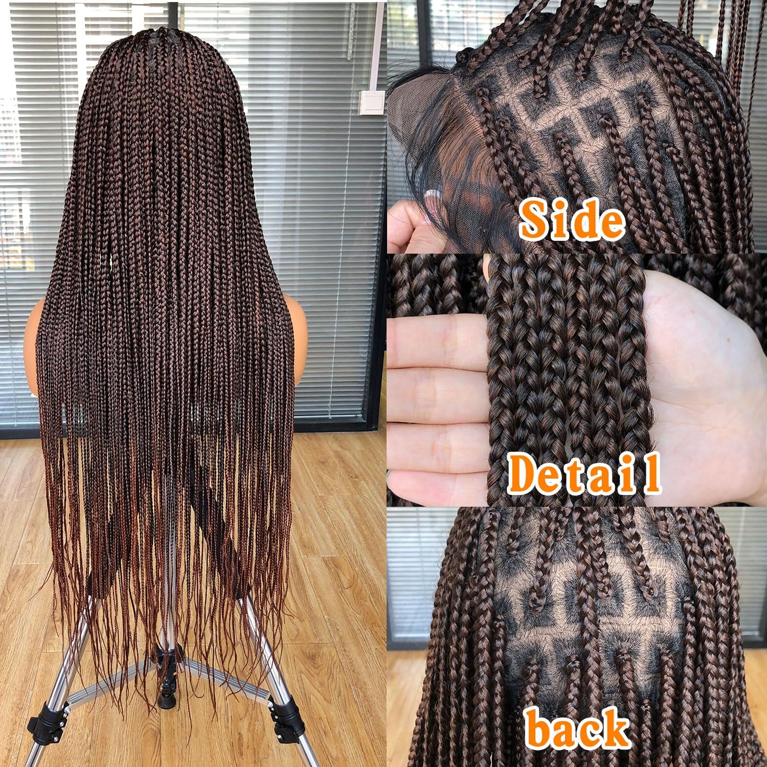 Runm 36" Full Double Lace Front Box Braided Wigs for Black Women Braids Lace Frontal Wig Synthetic Black Hand Braided Wigs with Baby Hair for Women(Ombre Brown)