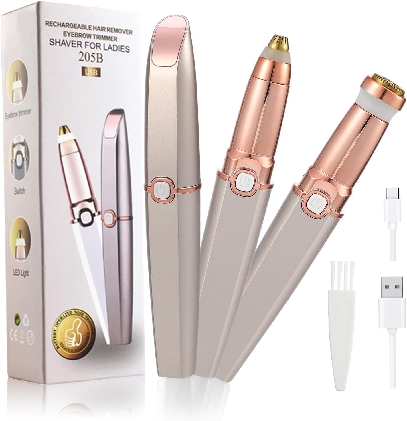 Facial Hair Removal for Women，Face Epilator 2 in 1 Face Shaver and Eyebrow Trimmer for Women，Painless Hair USB Rechargeable with LED Lightincluded (White) (Rose Gold)