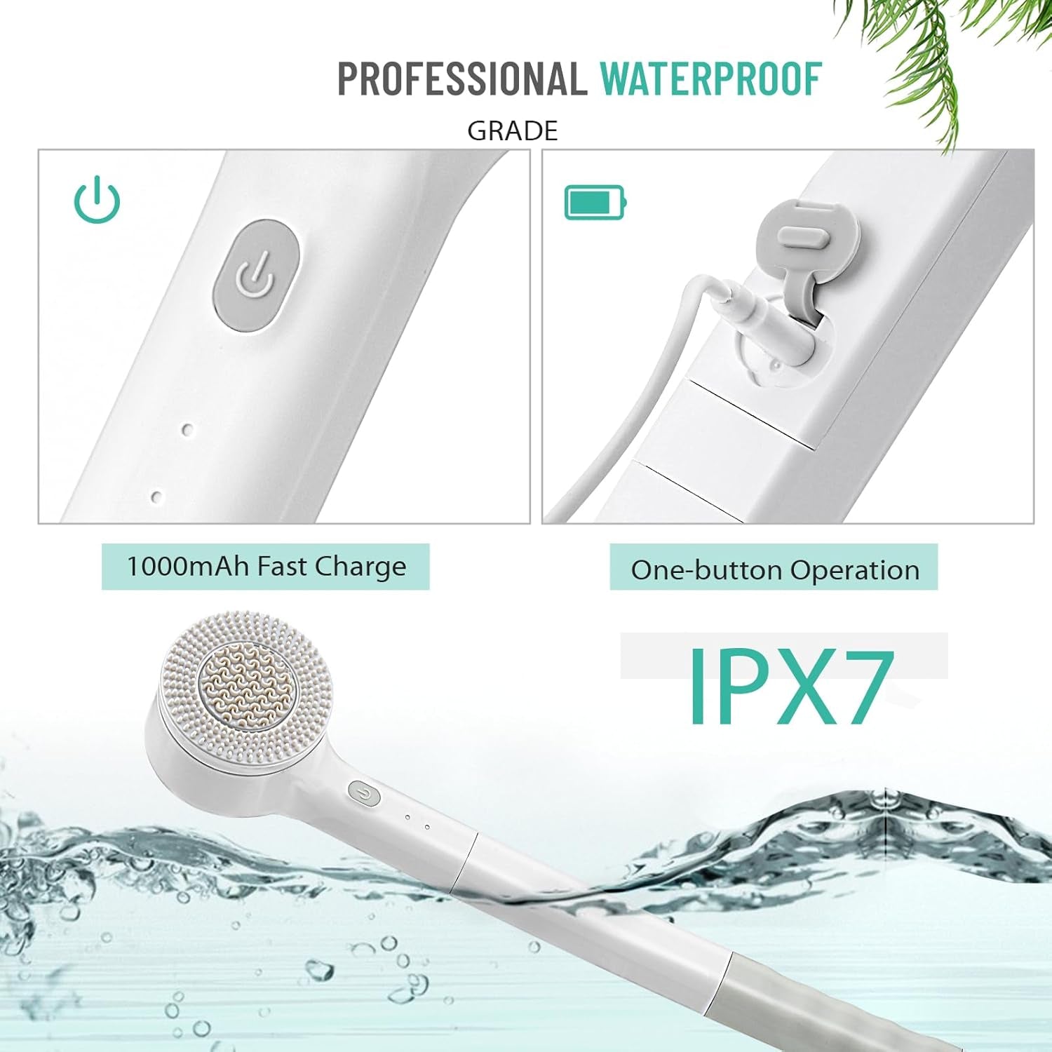 Electric Body Brush, Rechargeable Electric Body Scrubber 17In Bath Brush Long Handle for Shower, Soft Silicone Spin Skin Brush with 3 Brush Heads, IPX7 Waterproof Back Brush for Man and Women