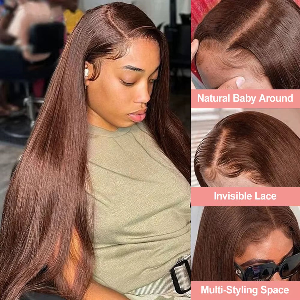 Hd Dark Chocolate Brown 13X4 Bone Straight Human Hair Lace Front Wig 13X6X1 Lace Frontal Wigs Pre Plucked Colored Wig for Women