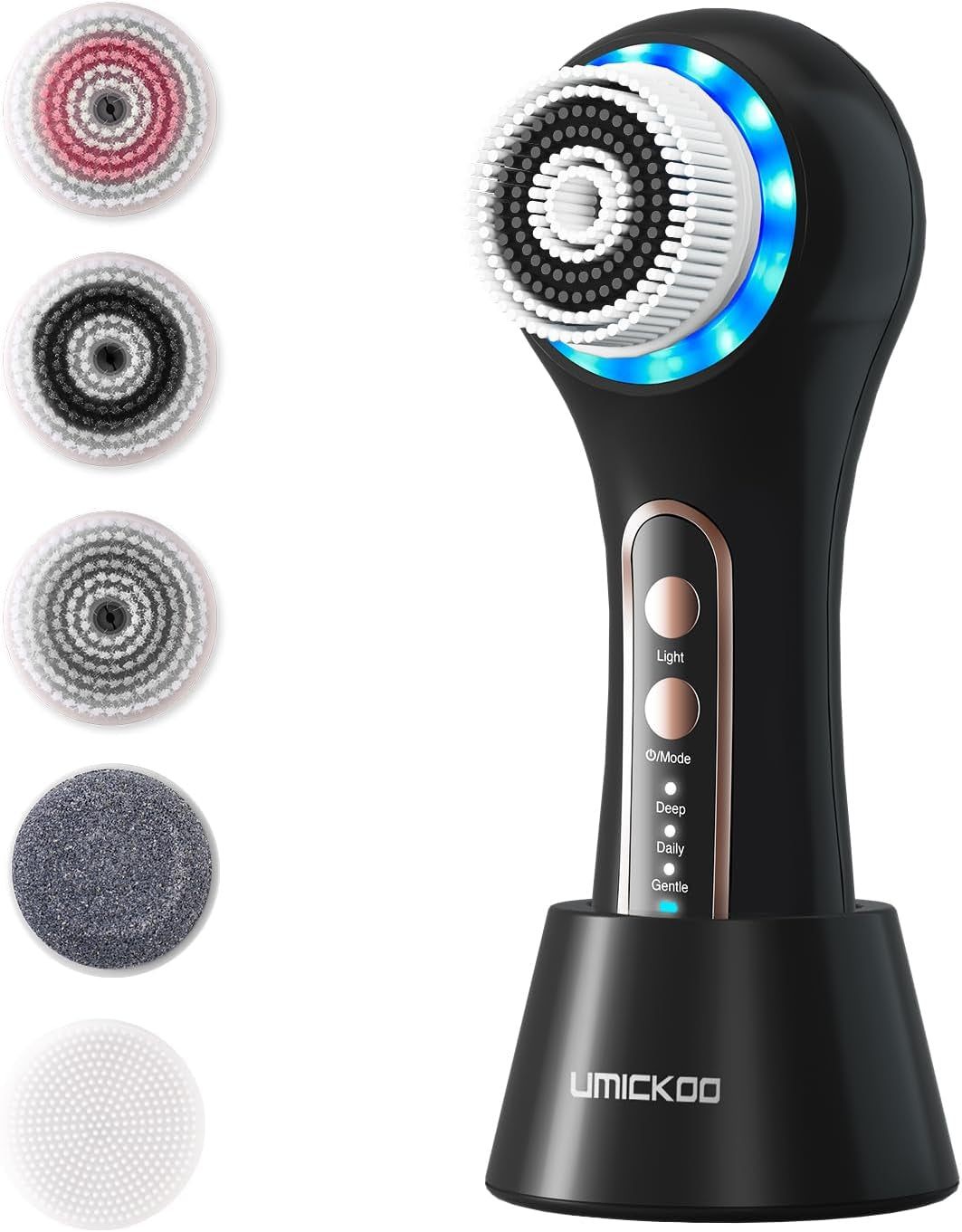 Face Scrubber Exfoliator,Facial Cleansing Brush Rechargeable IPX7 Waterproof with 5 Brush Heads,Electric Face Spin Brush for Exfoliating, Massaging and Deep Cleansing (Black+Gold)