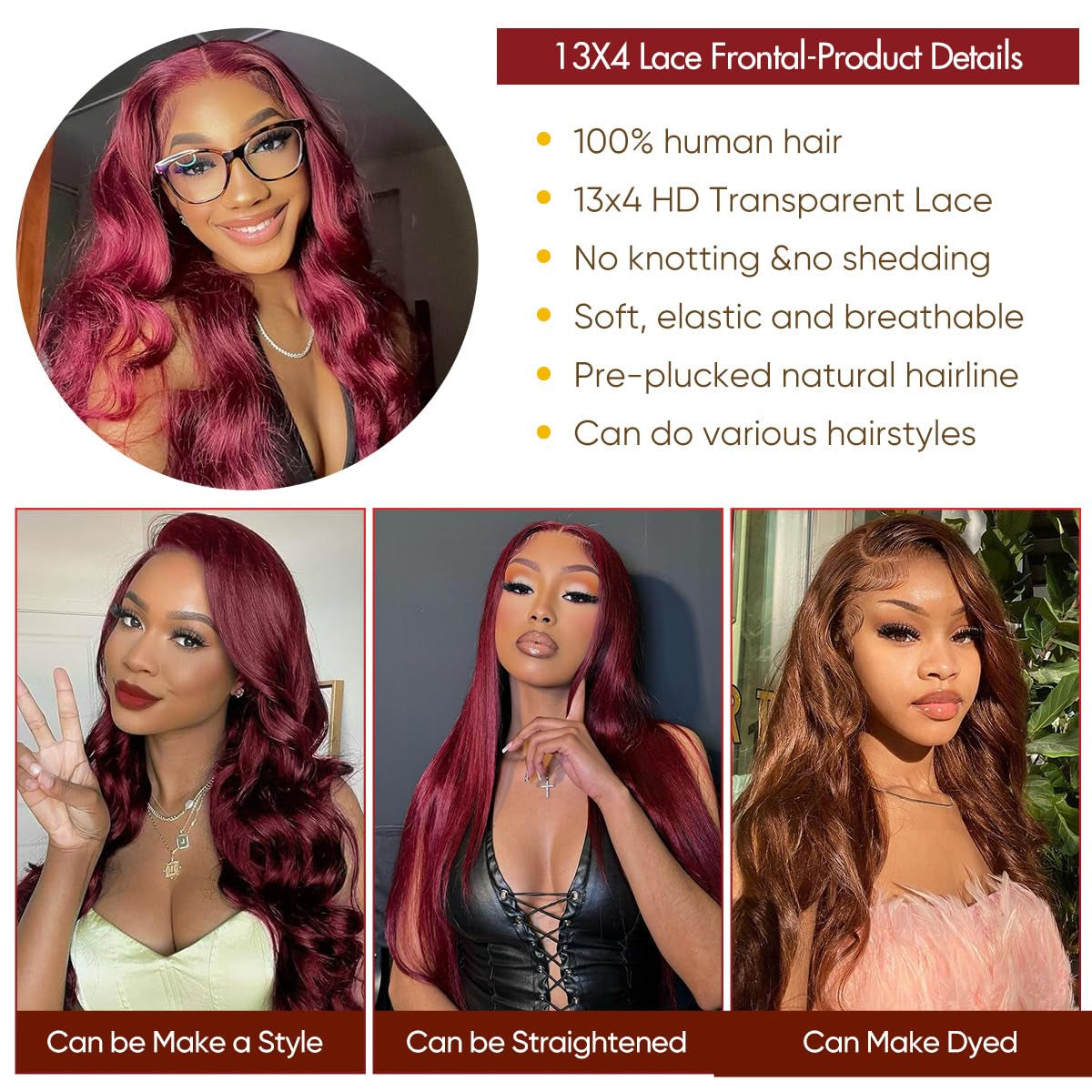 99J Burgundy Lace Front Wigs Human Hair 180% Density 13X4 HD Transparent Body Wave Lace Front Wigs Human Hair Pre Plucked with Baby Hair Wine Red Colored Lace Frontal Wig for Women