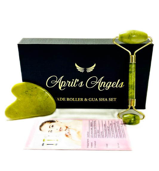 Genuine Jade Stone Roller & Gua Sha Set. Facial Massage Set for Face, Eyes & Neck | Supports Lymphatic System + Facial Contouring + Tension Relief.