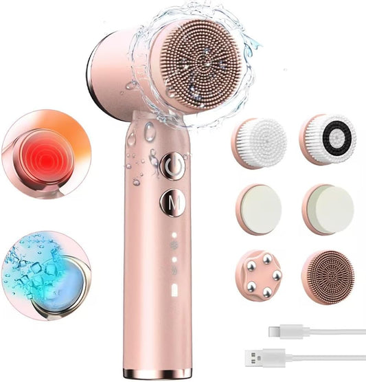 Electric Facial Cleansing Brush,8-In-1 Face Cleansing Brush with Hot & Cold Compress, 6 Brush Heads, 3 Spin Speeds, Waterproof Face Scrubber for Exfoliating, Deep Cleansing,Massaging (Pink)