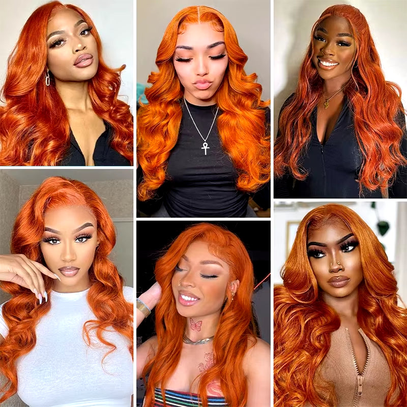 Ginger Orange Body Wave 13X6 Transparent Lace Front Wig Human Hair for Women #350 Colored Pre Plucked Natural Hairline 200%