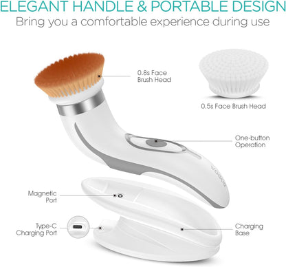 Facial Cleansing Brush-Spin Face Scrubber Exfoliator Rechargeable, 2-Speed Rotation, Electric Face Wash Brushes for Cleansing and Exfoliating, with 2 Brush Heads, Grey