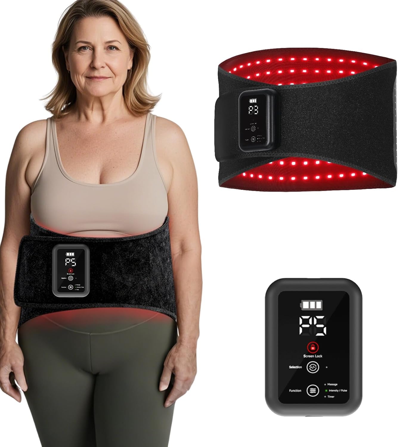 Cordless Rechargeable Red Light Therapy Belt for Body, Wireless Wearable Pulse Infrared Light Therapy Device with 3 Level Quiet Massage & Vibration, 6 Level Heating for Muscle, Back, Joint Pain Relief