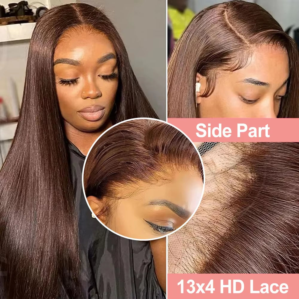 Hd Dark Chocolate Brown 13X4 Bone Straight Human Hair Lace Front Wig 13X6X1 Lace Frontal Wigs Pre Plucked Colored Wig for Women