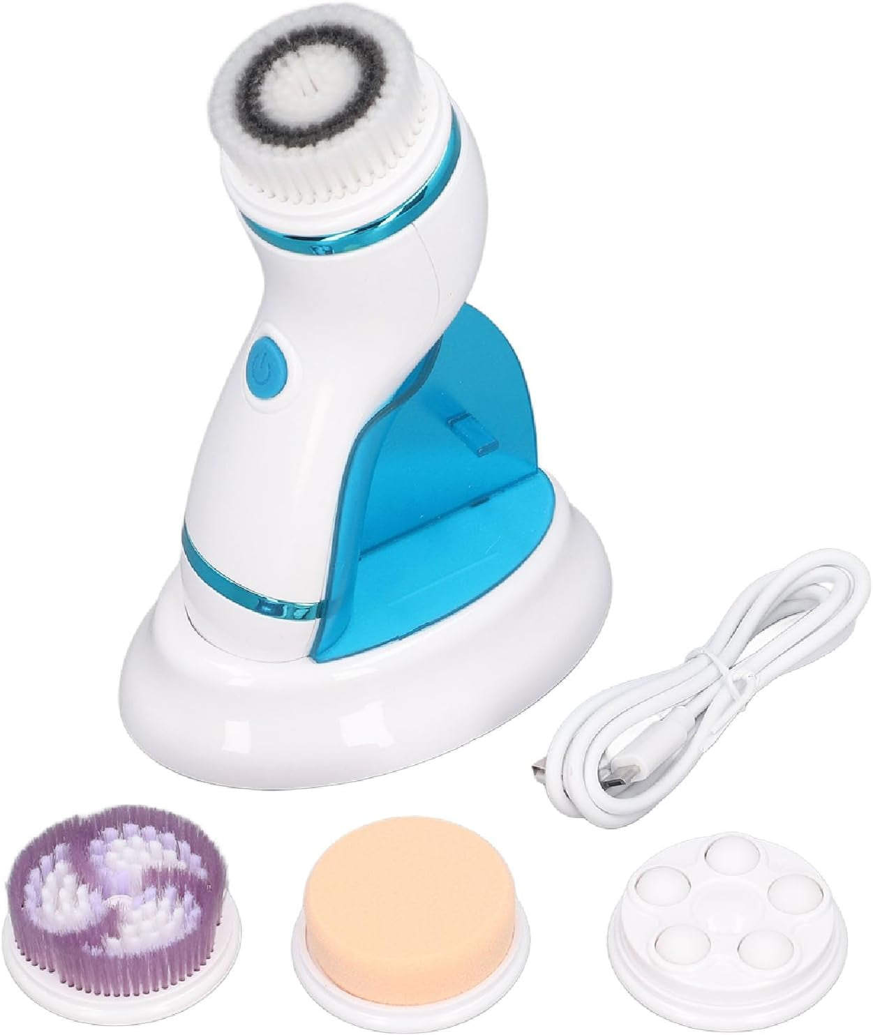 Electric Facial Scrubber Brush, 4 in 1 Facial Cleansing Brush 2-Speed Vibration Massage with 3 Interchangeable Heads for Travel Use (Blue)