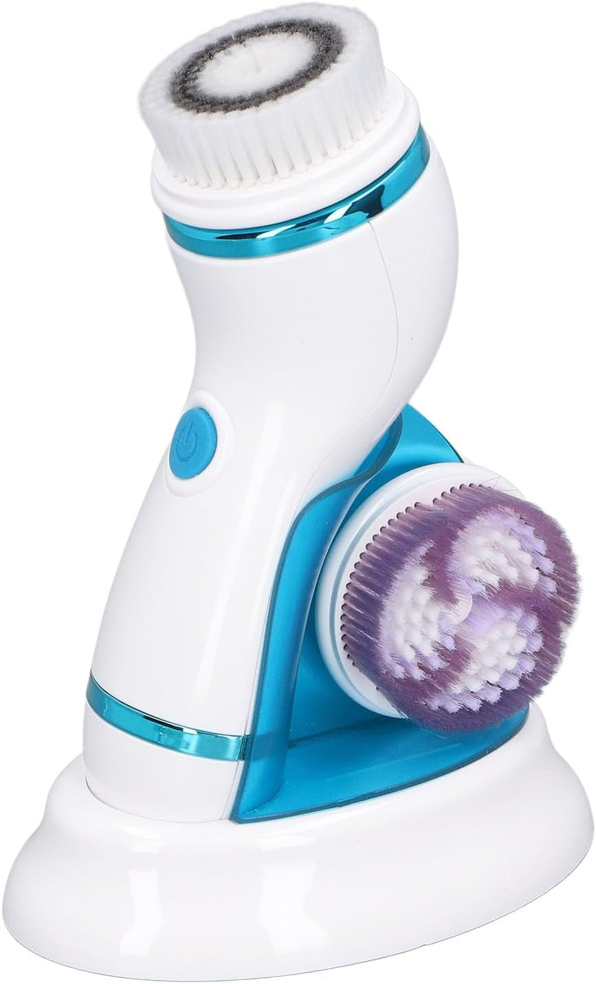 Electric Facial Scrubber Brush, 4 in 1 Facial Cleansing Brush 2-Speed Vibration Massage with 3 Interchangeable Heads for Travel Use (Blue)