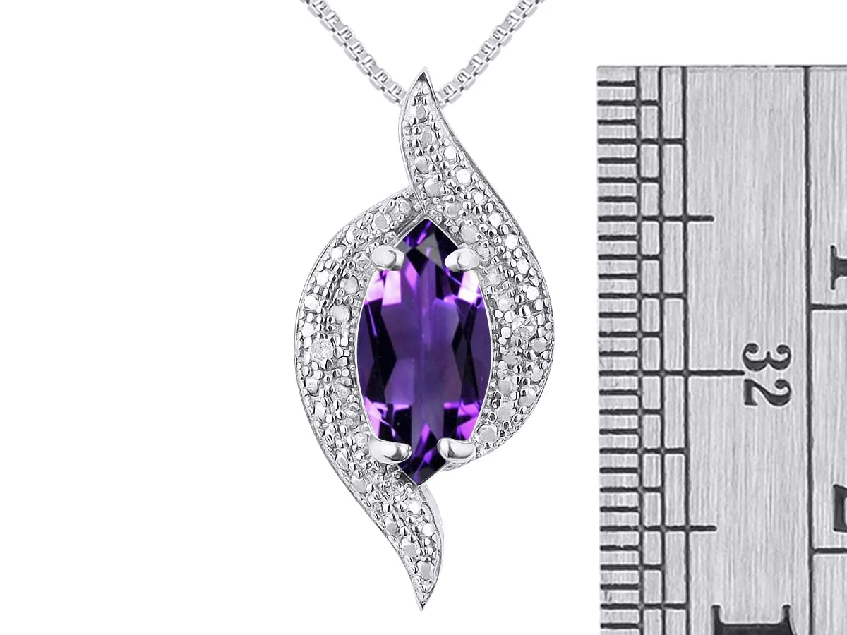 Necklace Sterling Silver 925 Designer Necklace Marquise Gemstone & Diamonds Pendant 18" Chain 10X5MM Amethyst February Birthstone Womens Jewelry Silver Necklace