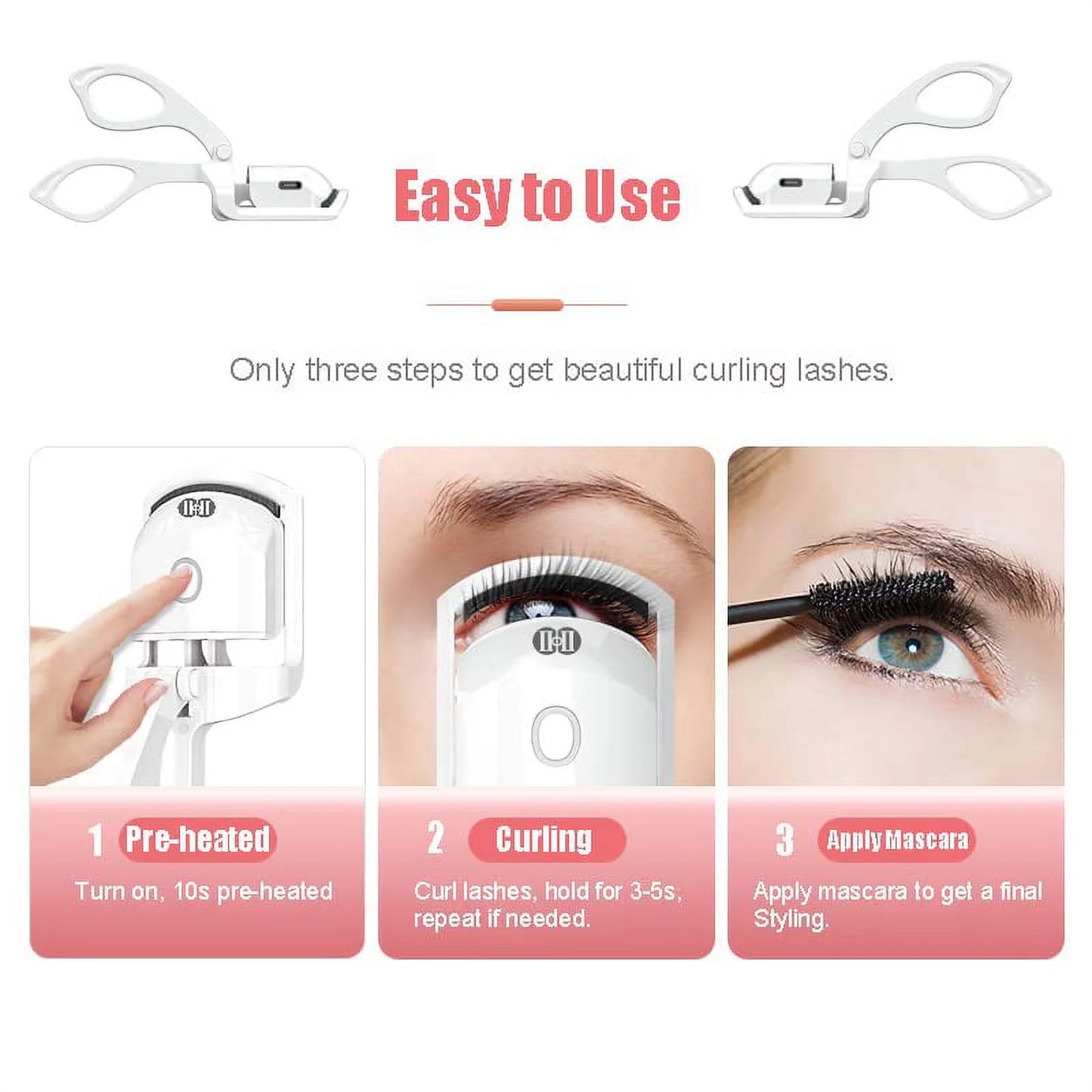 Heated Eyelash Curlers – Rechargeable Electric Eyelash Curler – Long-Lasting Heated Lash Curler for Natural Lashes – Handheld Eyelash Heated Curler with Quick Pre-Heat