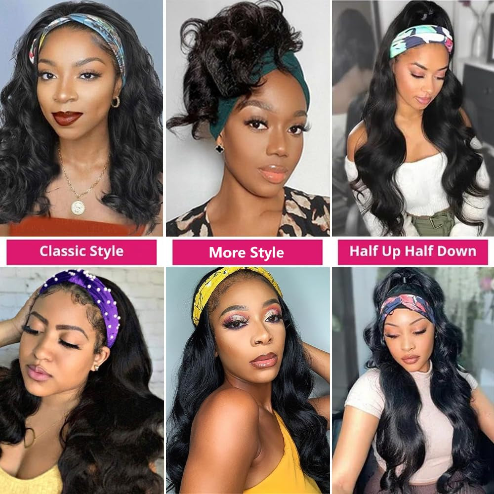 Body Wave Headband Wig Human Hair for Black Women 22 Inch None Lace Front Wig Human Hair Wear and Go Glueless Wigs Machine Made Brazilian Virgin Body Wave Human Hair Wigs Natural Color