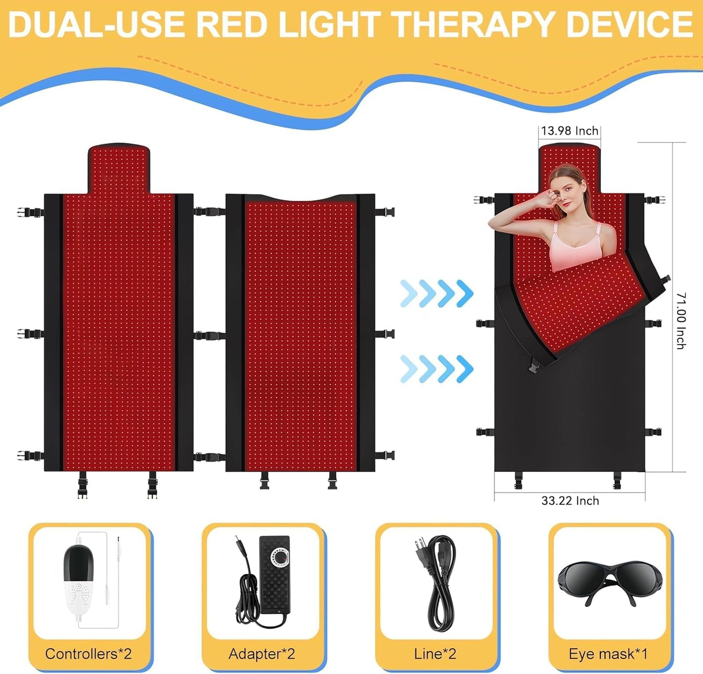 2025 New 3100Pcs Dual Wavelength LED Beads 660Nm&850Nm Red Light Therapy Mat Full Body Used to Relieve Pain 71''X 33''（Black）