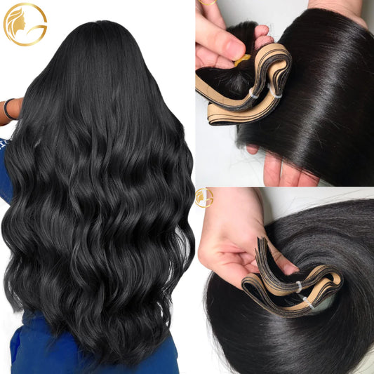 Long Tape Hair Extensions - 100% Human Hair Straight, #1 Jet Black Color (2 Lines, 50 Grams/ Line 32 Inch Witdth, Total 100 Grams)