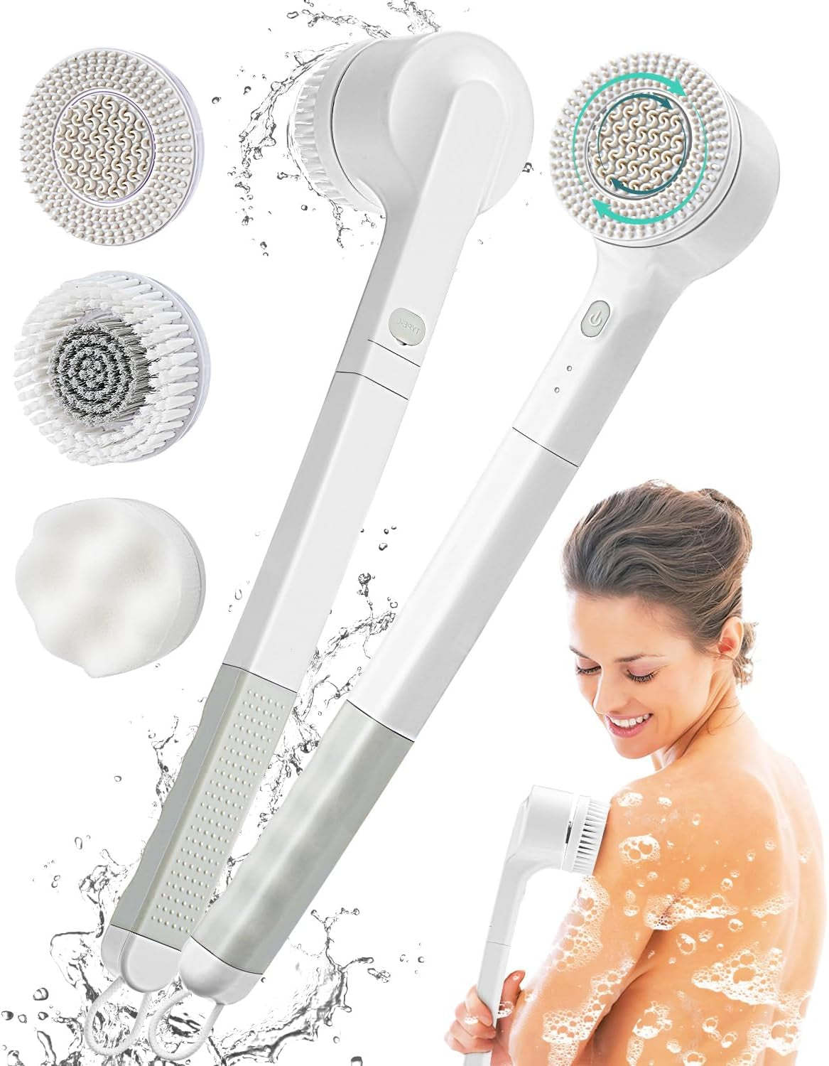 Electric Body Brush, Rechargeable Electric Body Scrubber 17In Bath Brush Long Handle for Shower, Soft Silicone Spin Skin Brush with 3 Brush Heads, IPX7 Waterproof Back Brush for Man and Women