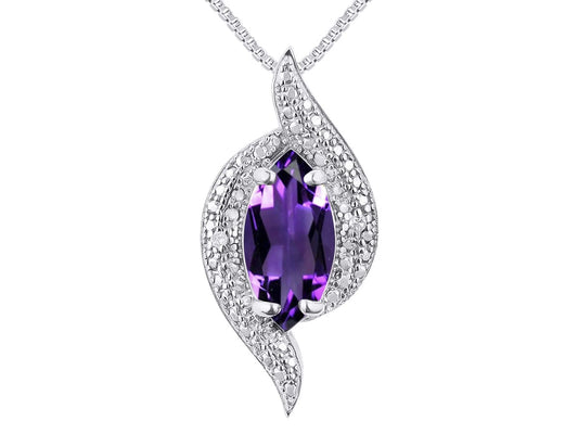 Necklace Sterling Silver 925 Designer Necklace Marquise Gemstone & Diamonds Pendant 18" Chain 10X5MM Amethyst February Birthstone Womens Jewelry Silver Necklace