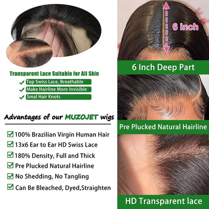 Human Hair Wigs for Black Women HD Body Wave Lace Front Wigs Human Hair Glueless Wigs Human Hair Pre Plucked 10A 13X6 Lace Front Wigs Human Hair Pre Plucked 180 Density Wig 34 Inch