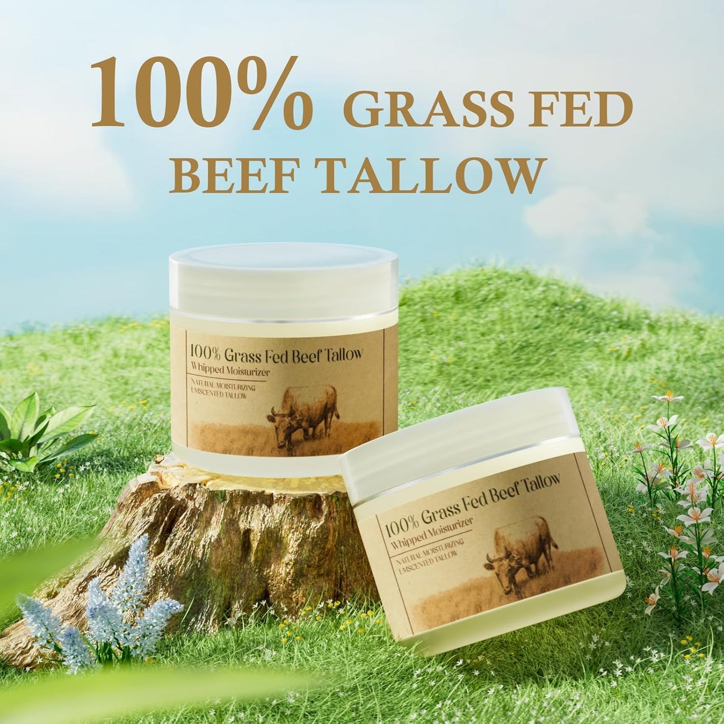 Beef Tallow for Skin, Tallow Face Moisturizer, Beef Tallow, 100% Unscented Organic Grass Fed Finished Whipped Tallow Face Cream Moisturizer Balm, Beef Tallow Skin Care