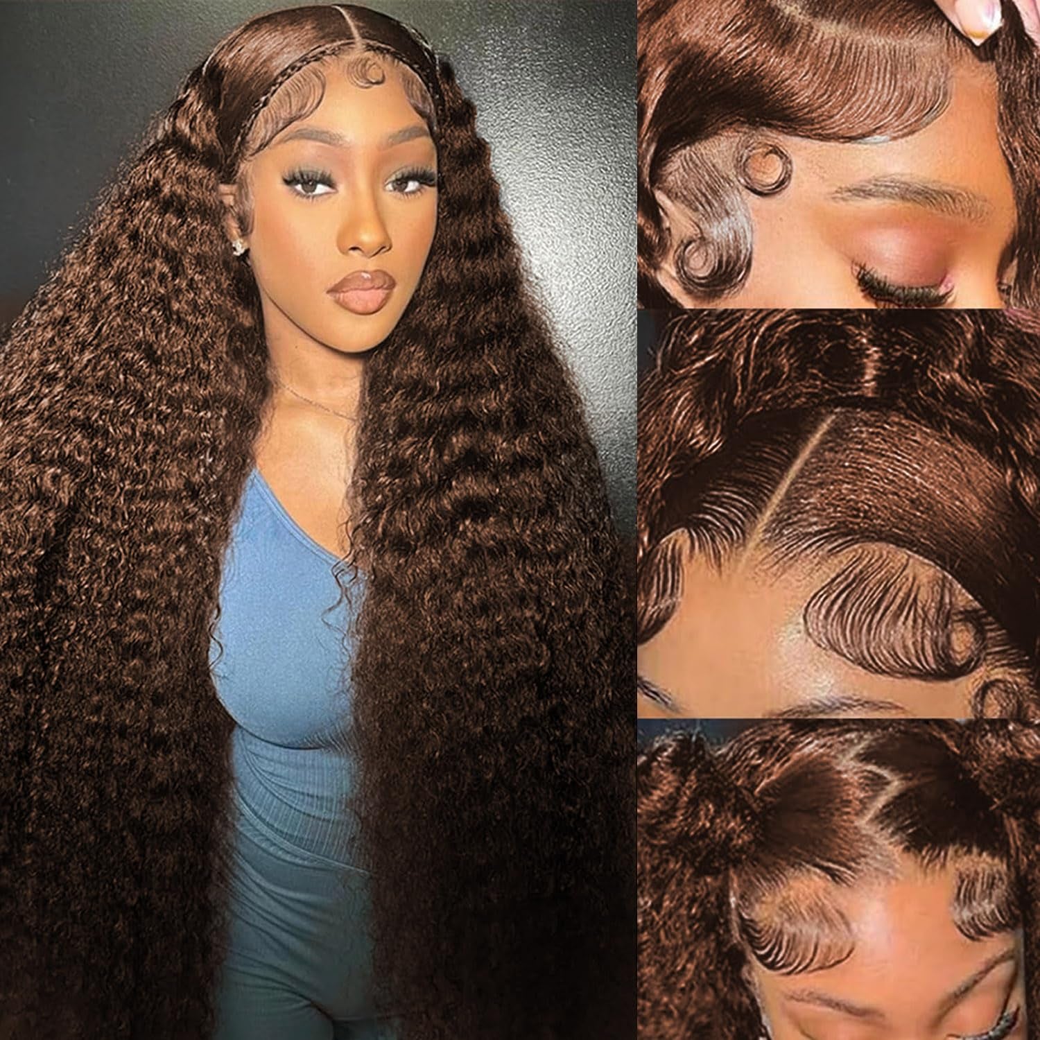 34 Inch Brown Deep Wave Lace Front Wigs Human Hair Chocolate Brown Curly 13X6 HD Lace Frontal Wig Brown Wet and Wavy Glueless Wigs Human Hair 200 Density Pre Plucked Deep Curly Wig Human Hair