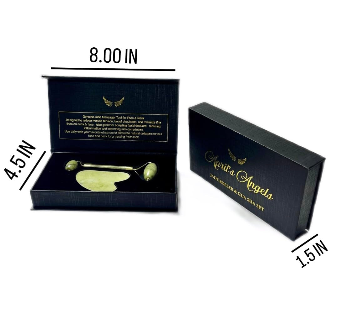 Genuine Jade Stone Roller & Gua Sha Set. Facial Massage Set for Face, Eyes & Neck | Supports Lymphatic System + Facial Contouring + Tension Relief.