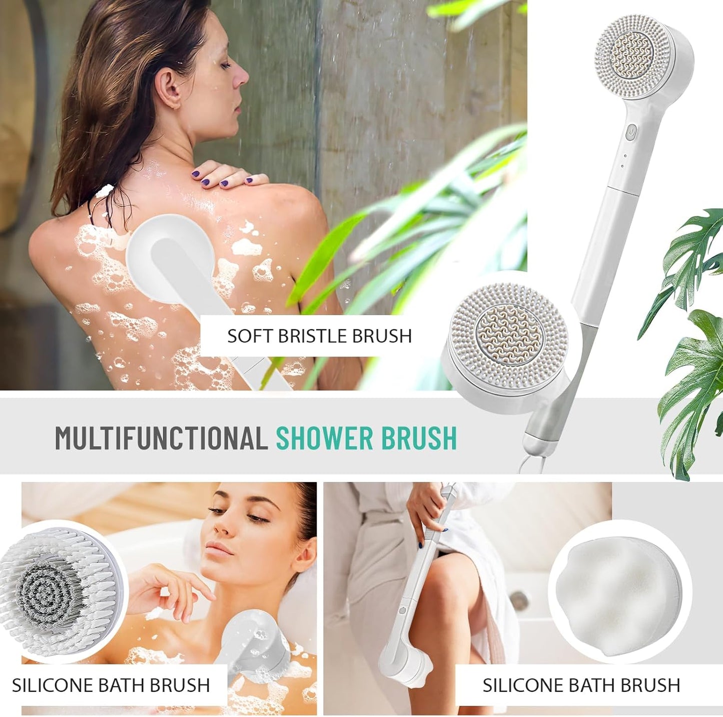 Electric Body Brush, Rechargeable Electric Body Scrubber 17In Bath Brush Long Handle for Shower, Soft Silicone Spin Skin Brush with 3 Brush Heads, IPX7 Waterproof Back Brush for Man and Women