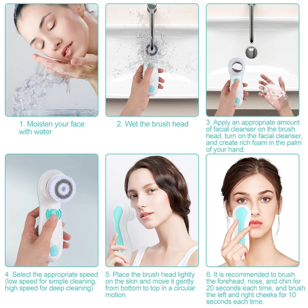 Facial Cleansing Brush Electric Face Brush Scrubber for Exfoliating with 4 Cleanser Heads, 2 Speeds